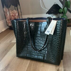 Tory Burch Dark Green Crocodile-Embossed Tote